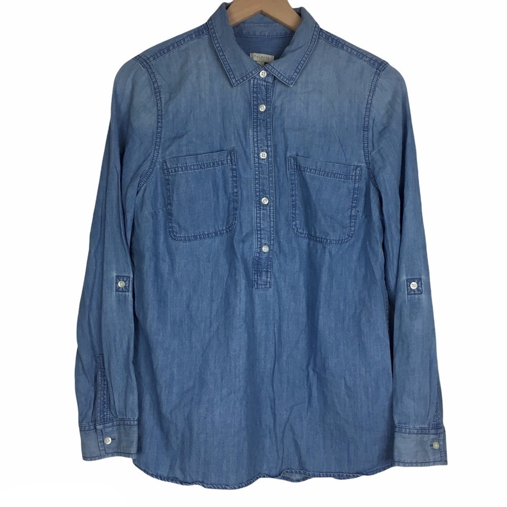 TALBOTS Top Blouse Chambray Popover Button Up Roll Tab Sleeves Minimalist Small